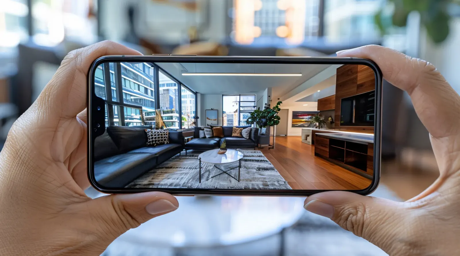 Manos sosteniendo un teléfono con una experiencia virtual de un espacio interior